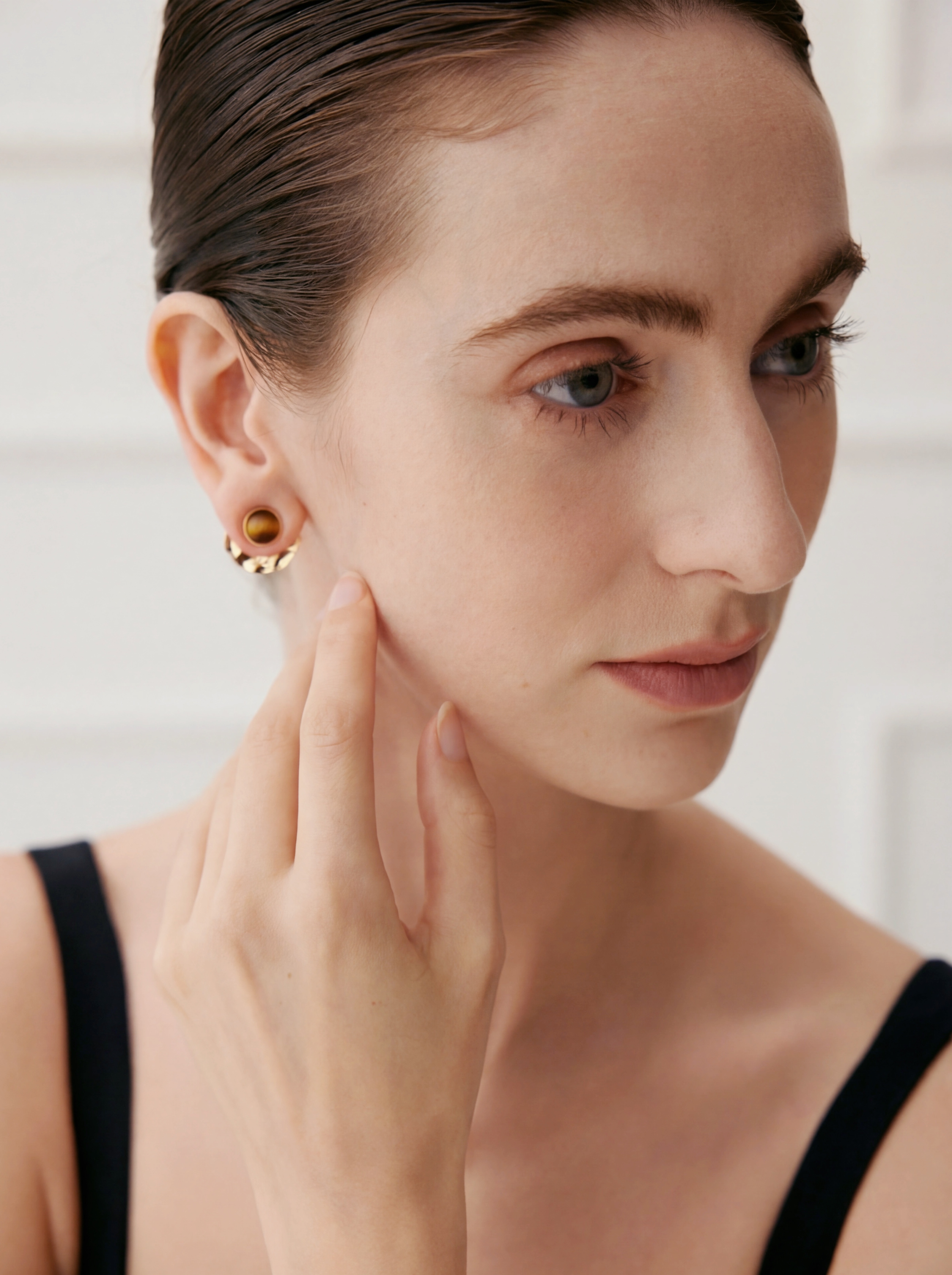 Signature | Gold Stud Jacket Earrings - Tiger’s eye