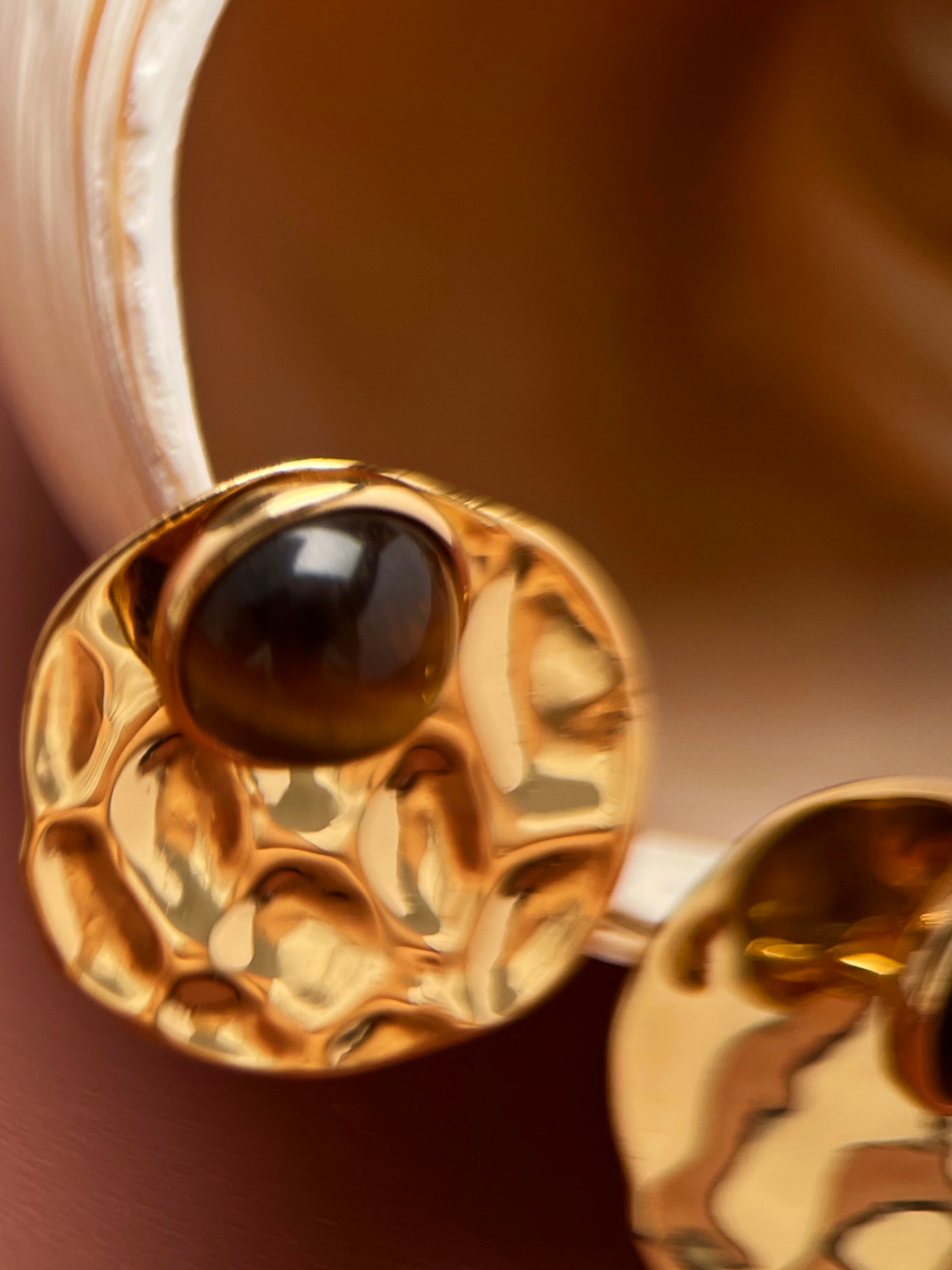 Gold Stud Jacket Earrings - Tiger’s eye