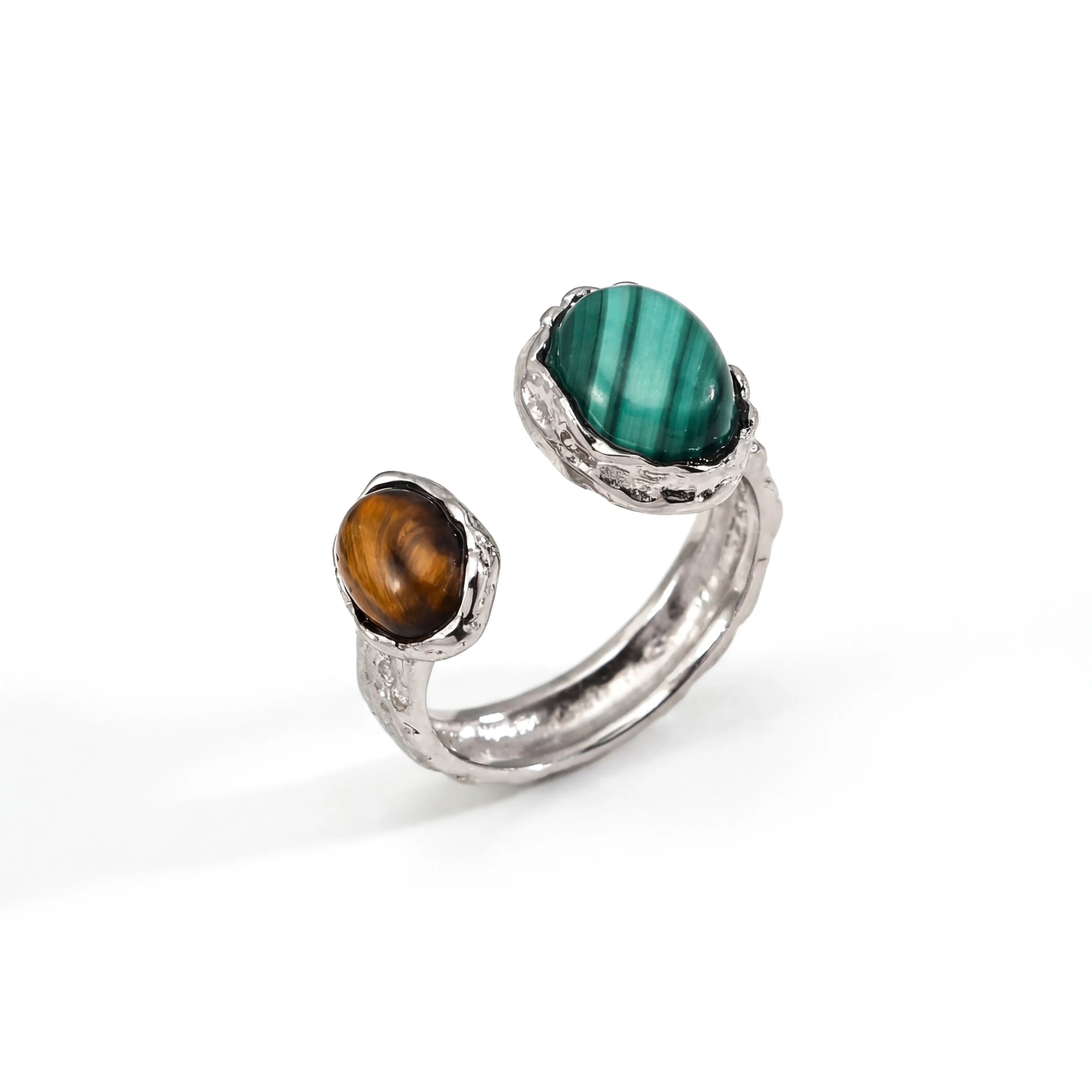 Duel of Insight | Silver Ring Tiger's Eye & Malachite Double Gemstone