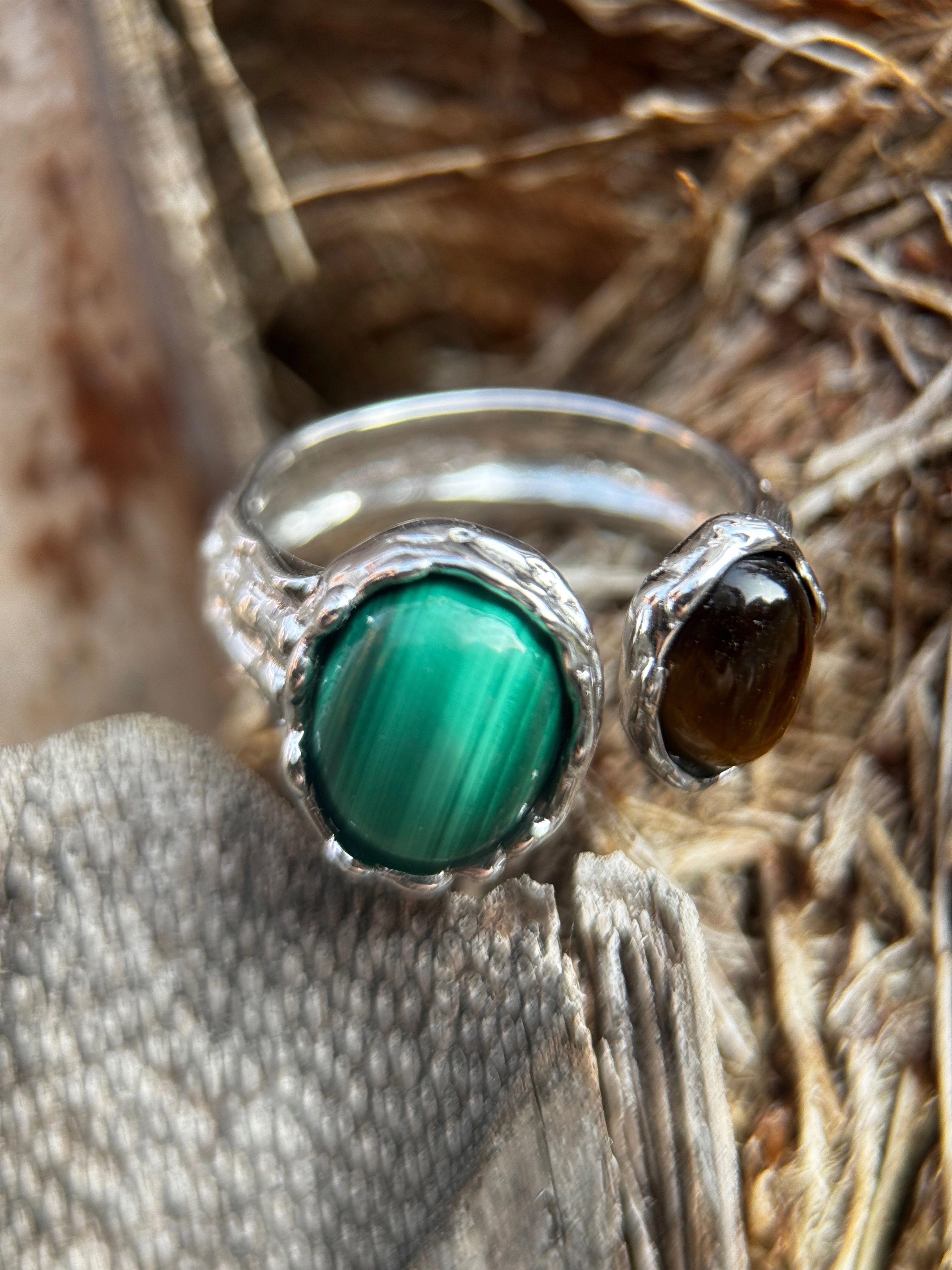 Silver Ring Tiger's Eye & Malachite Double Gemstone