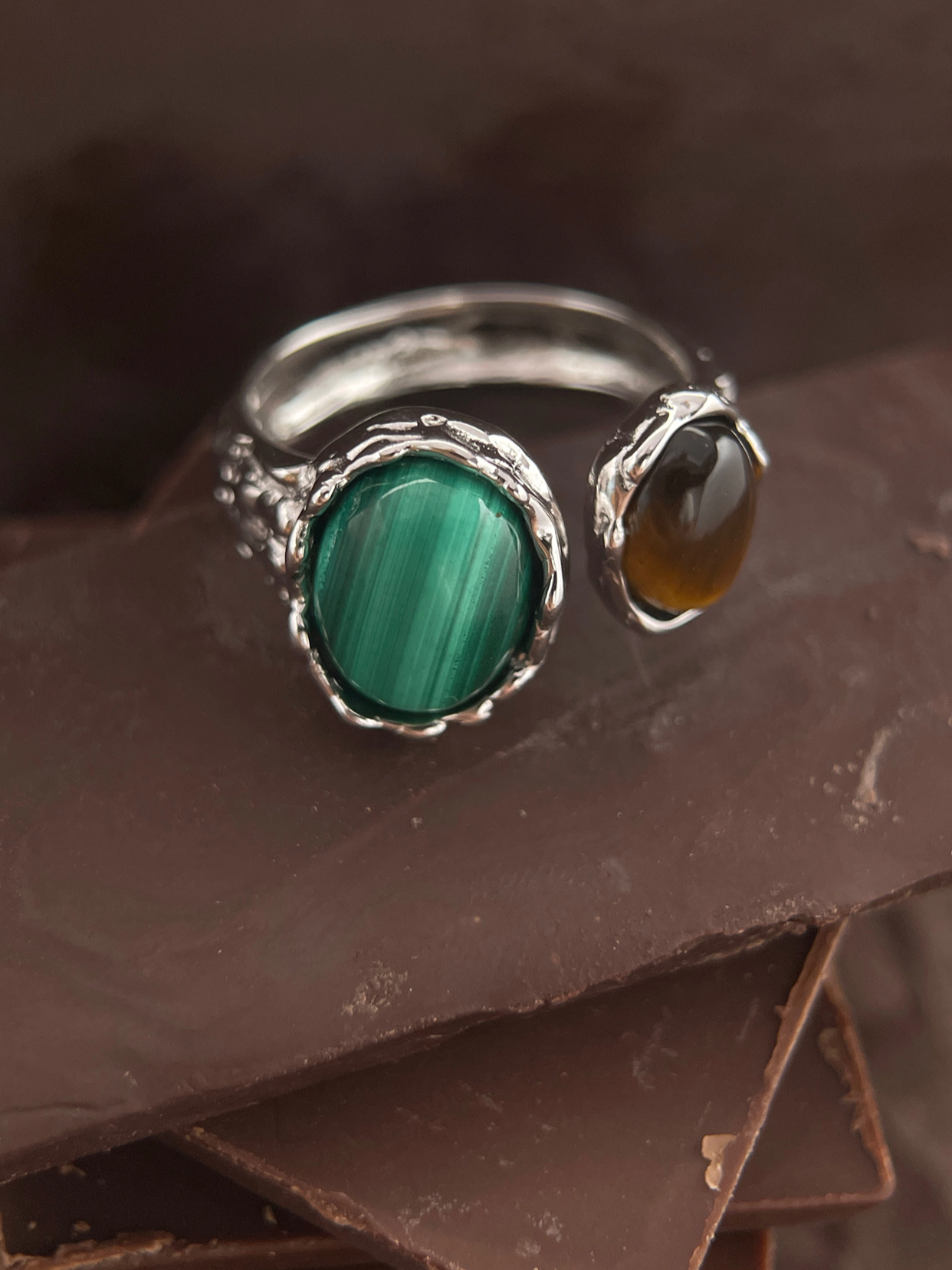 Covenant Veil | Silver Ring Tiger's Eye & Malachite Double Gemstone