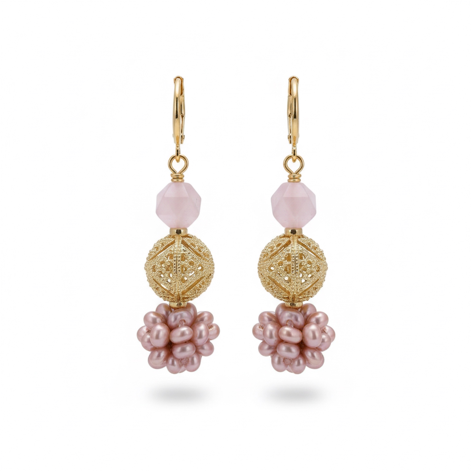 Tribute to Vintage | Pink Pearl and Crystal Earrings with Gold Hollow-carved