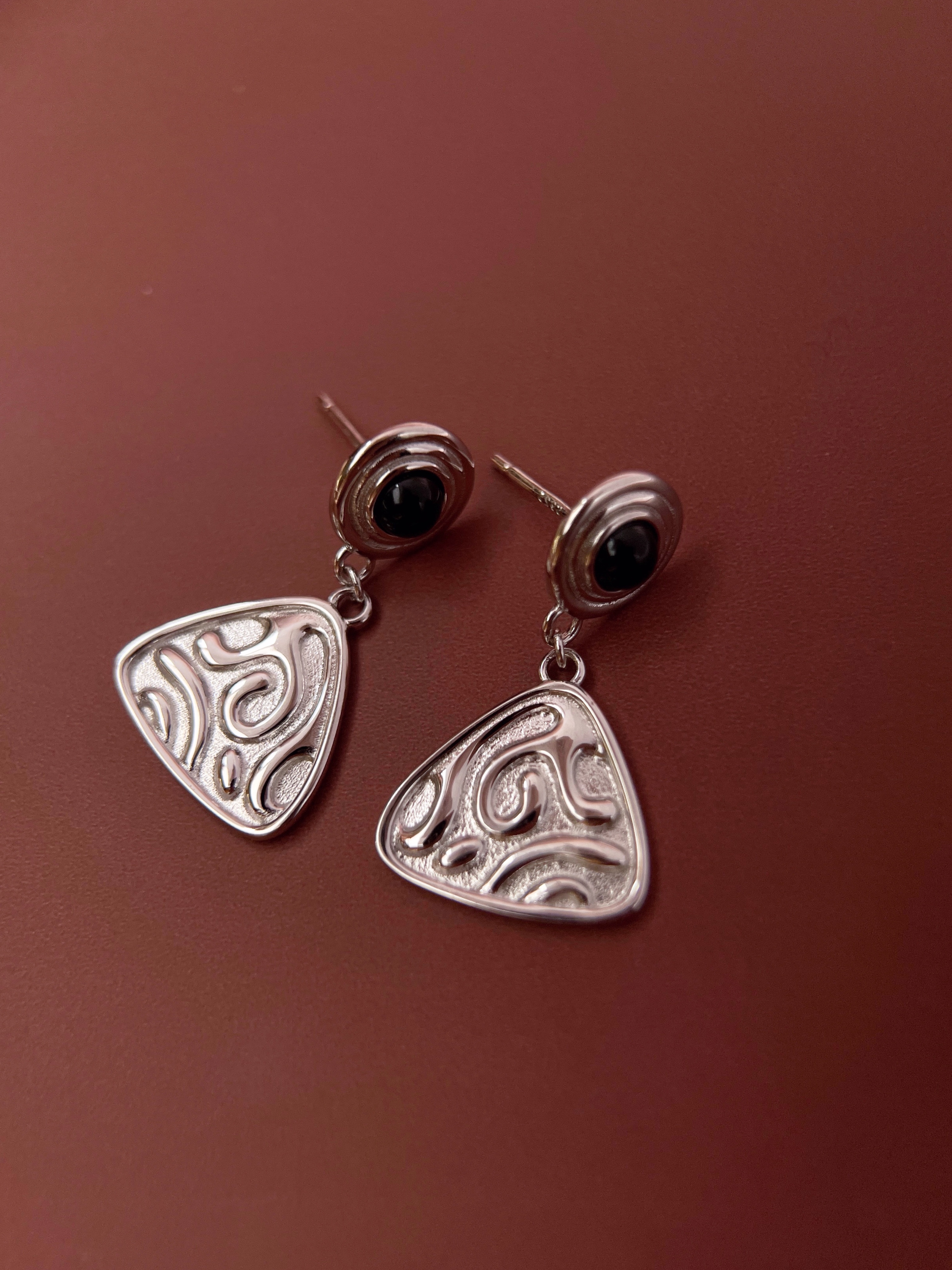 Black Agate Triangle Earrings