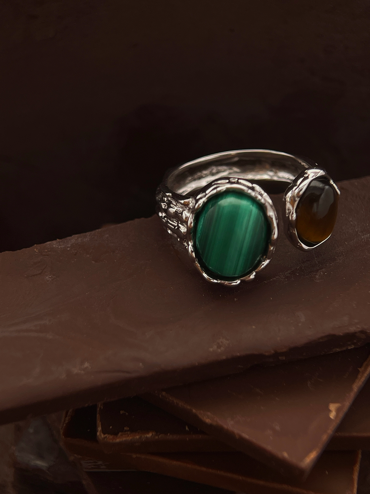 Covenant Veil | Silver Ring Tiger's Eye & Malachite Double Gemstone