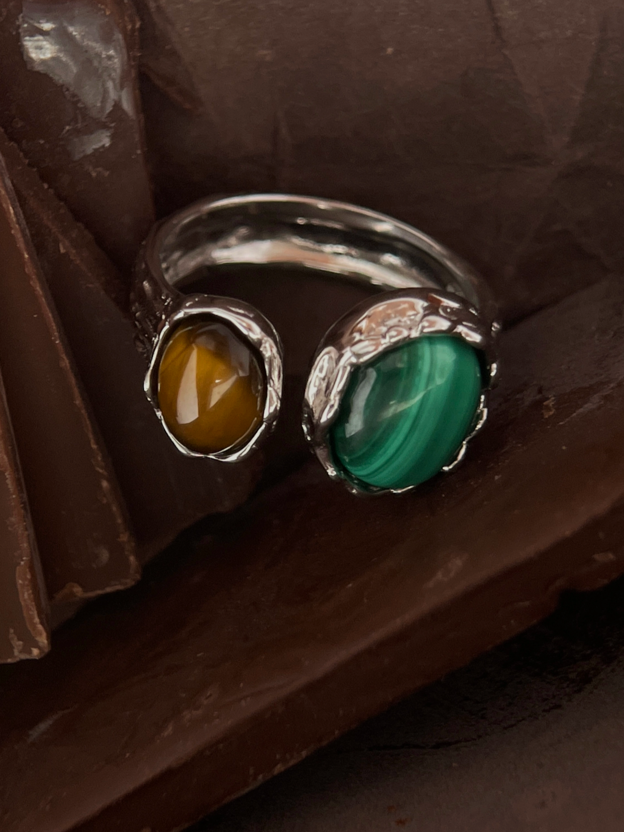 Covenant Veil | Silver Ring Tiger's Eye & Malachite Double Gemstone