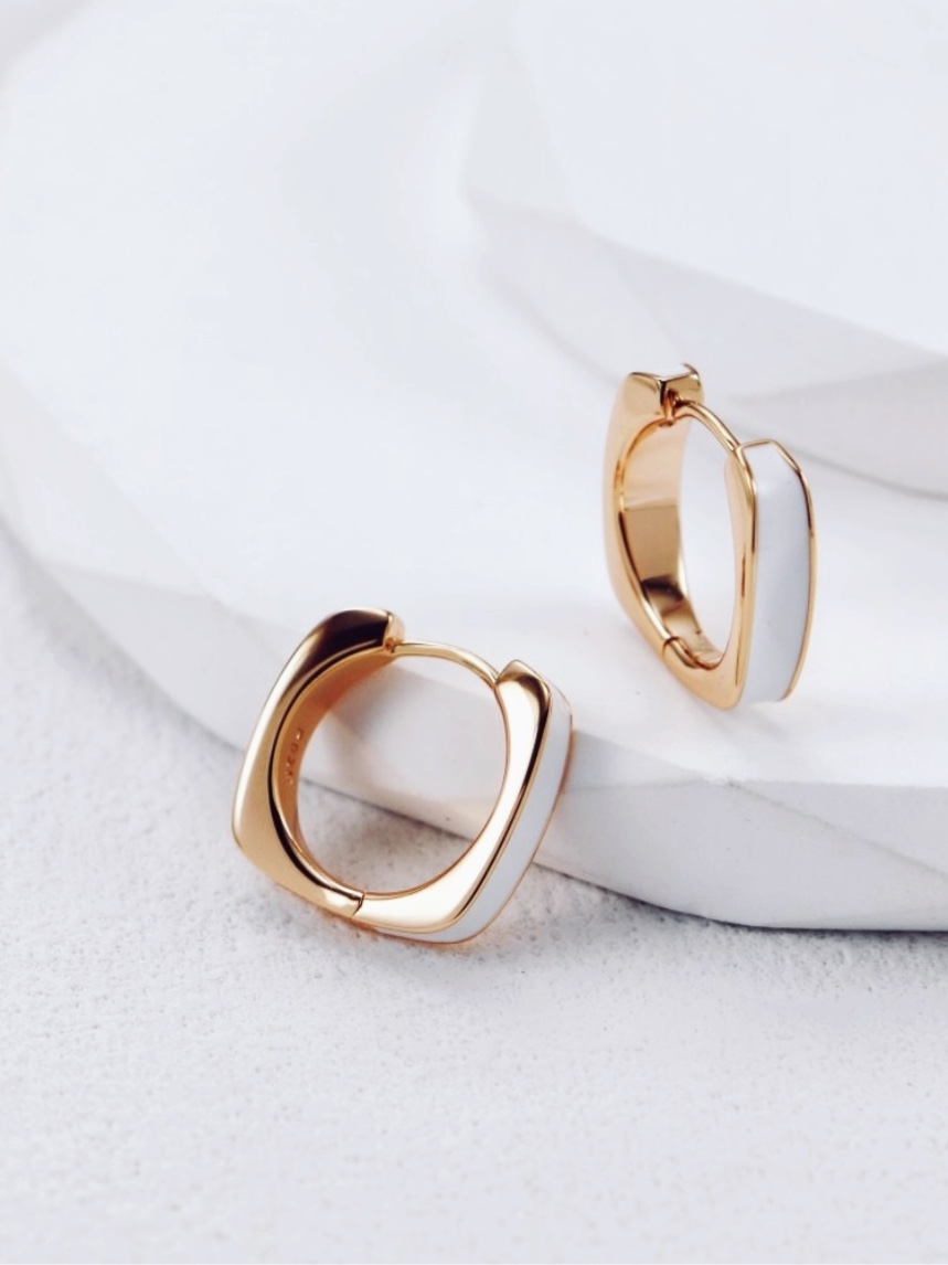 Gold Square Earrings with White Enamel