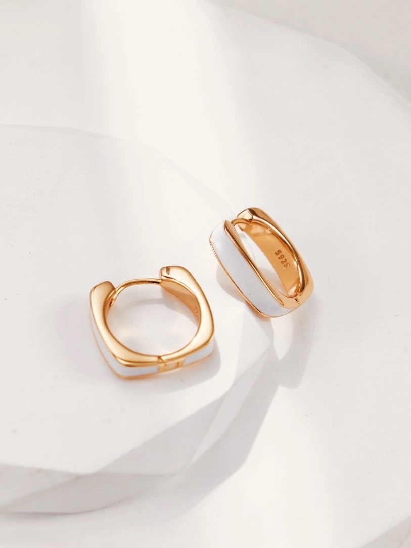 Gold Square Earrings with White Enamel