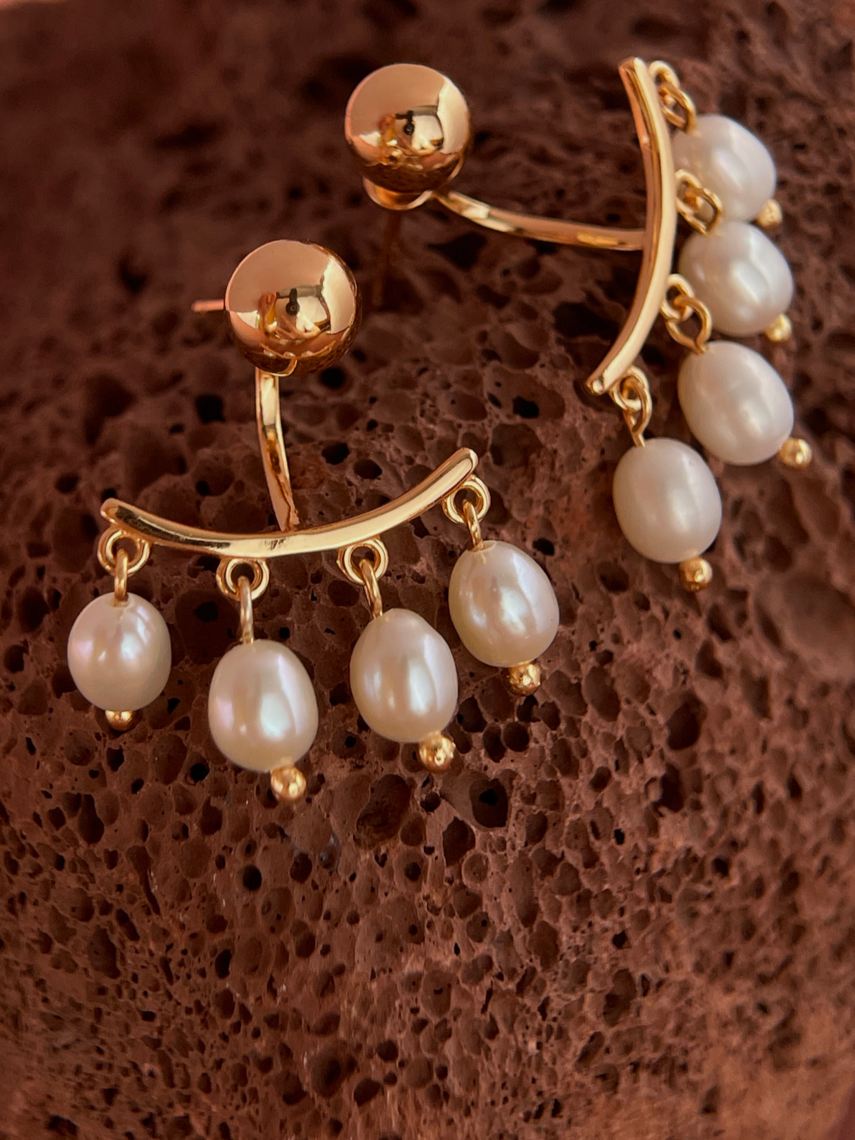 Lunar Whisper | Stud Earrings with Hanging Pearls