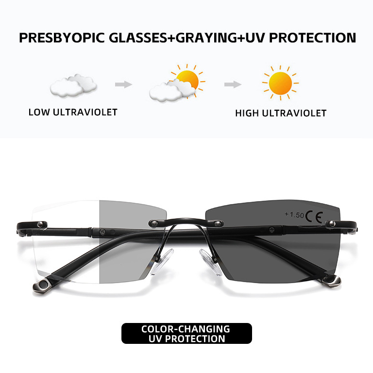 FRAMELESS BUSINESS PROGRESSIVE MULTIFOCAL PHOTOCHROMIC READING GLASSES