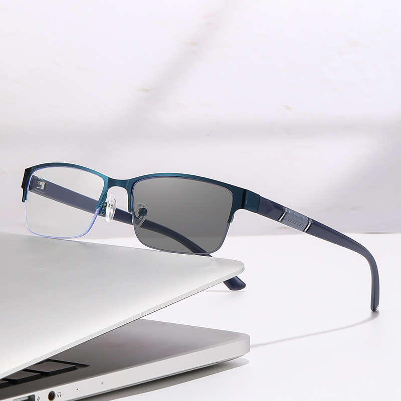 HALF-FRAME BRUSHED TITANIUM PHOTOCHROMIC READING GLASSES