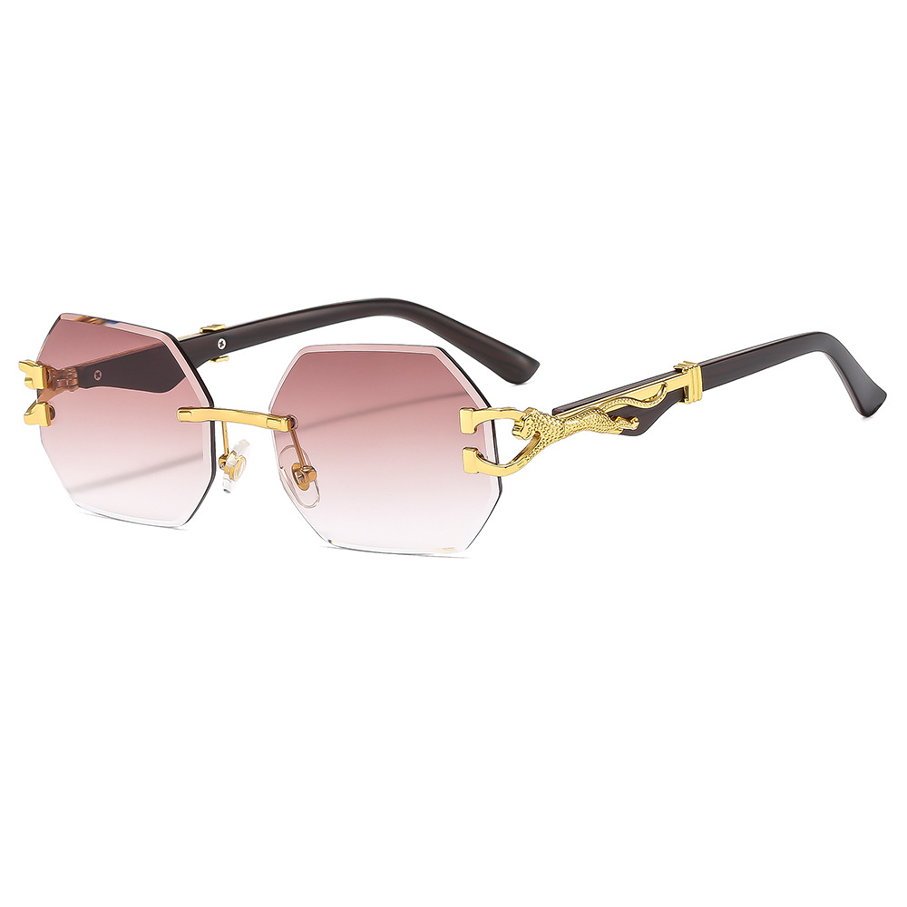 VINTAGE RIMLESS POLYGONAL METAL LEOPARD SUNGLASSES