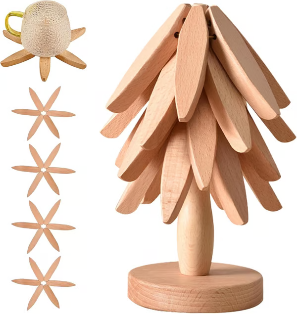 ✨Natural Tree Trivet Set - 4 bambooTrivets & 1 Stand Like a Christmas Tree