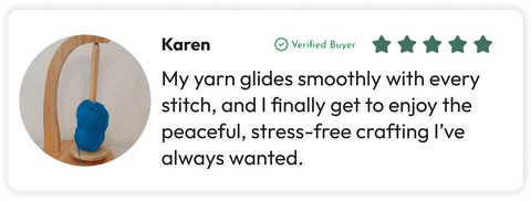 A five-star review from verified buyer Karen praises the Levitating Premium Yarn Holder for providing smooth, tangle-free yarn and stress-free crafting, as seen with blue yarn on its elegant wooden stand.