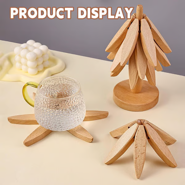 ✨Natural Tree Trivet Set - 4 bambooTrivets & 1 Stand Like a Christmas Tree