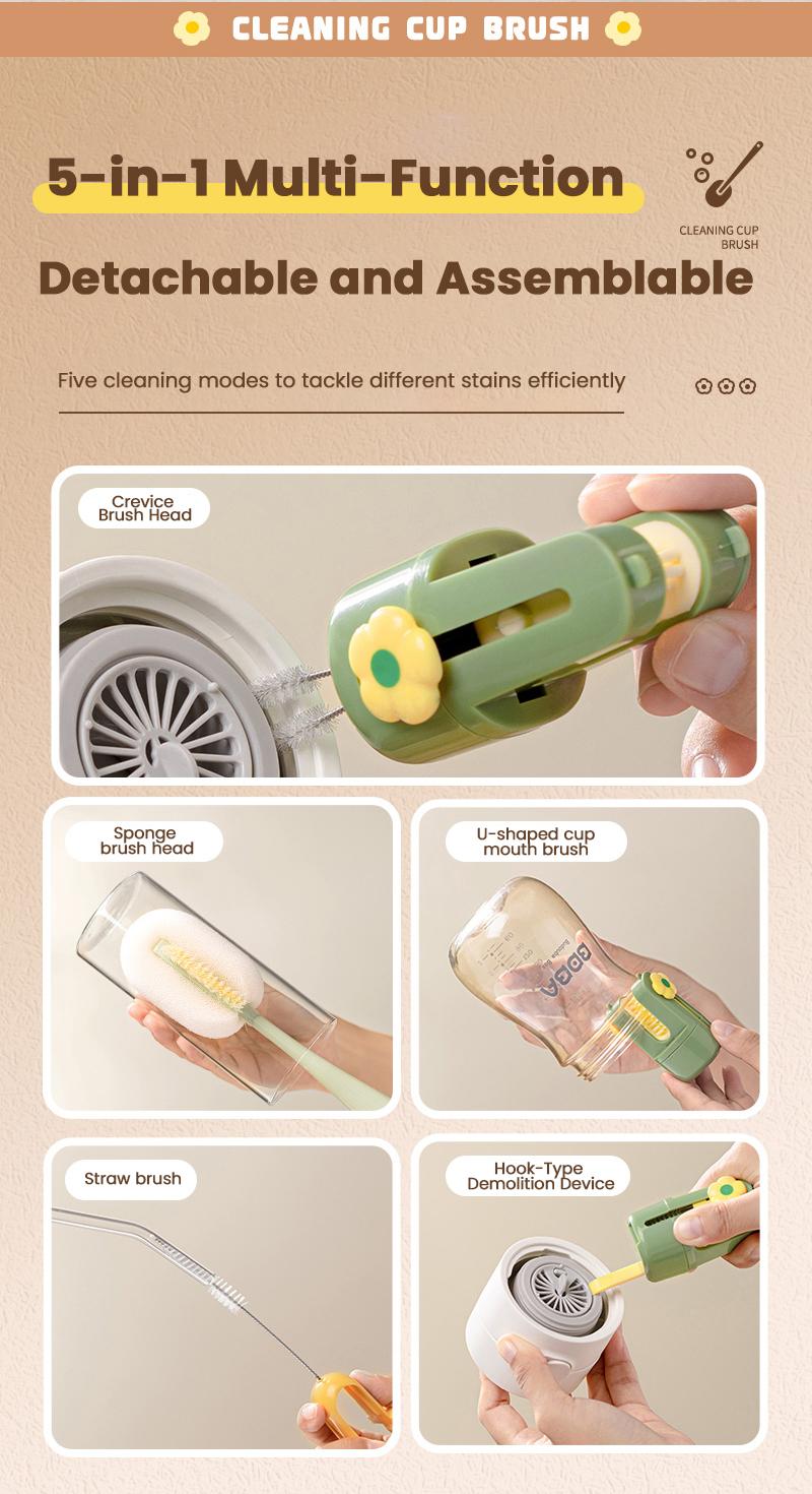 5-in-1 Bottle Cleaning Brush (Multifunctional) &ndash; For Cup Lid Cleaning & Home Kitchen Tasks