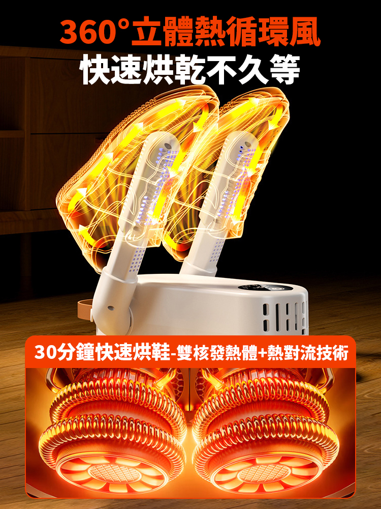 从浸水的鞋履到日常穿着的鞋款，这款烘鞋器都能提供干爽无菌的穿戴体验！它采用自研U型高速风道与360°紫光杀菌技术。（核心性能：30分钟速干，99%杀菌率）