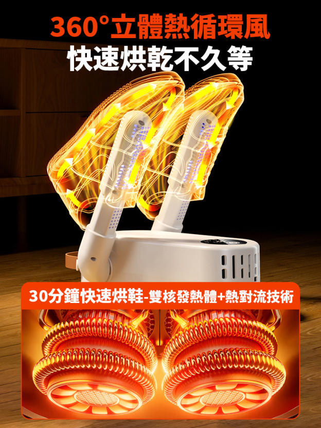 从浸水的鞋履到日常穿着的鞋款，这款烘鞋器都能提供干爽无菌的穿戴体验！它采用自研U型高速风道与360°紫光杀菌技术。（核心性能：30分钟速干，99%杀菌率）