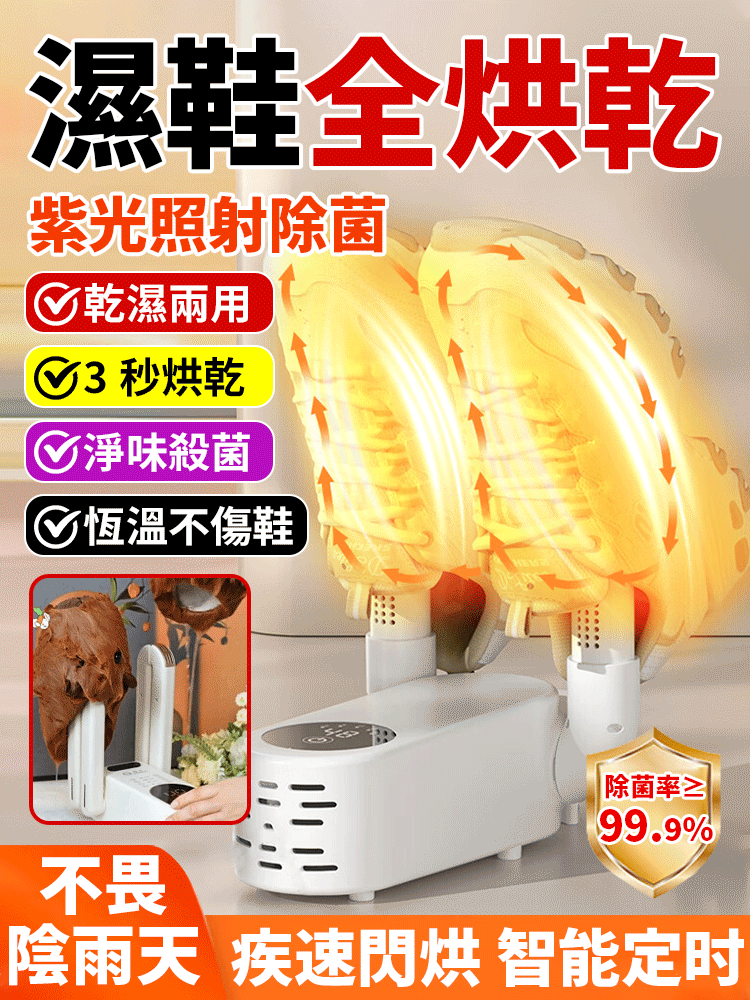 从浸水的鞋履到日常穿着的鞋款，这款烘鞋器都能提供干爽无菌的穿戴体验！它采用自研U型高速风道与360°紫光杀菌技术。（核心性能：30分钟速干，99%杀菌率）