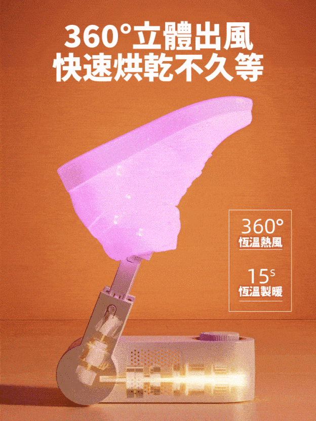 从浸水的鞋履到日常穿着的鞋款，这款烘鞋器都能提供干爽无菌的穿戴体验！它采用自研U型高速风道与360°紫光杀菌技术。（核心性能：30分钟速干，99%杀菌率）