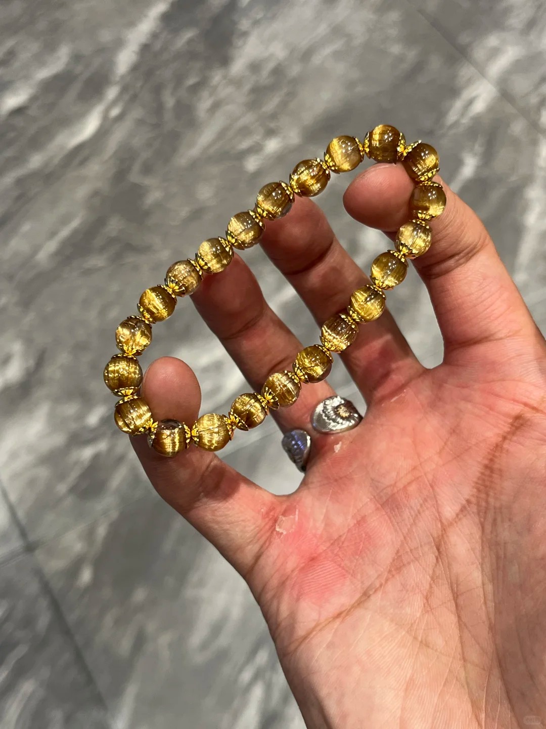 [Smooth-Rutilated Collectible] Natural Rutilated Quartz Bracelet with Gilt Spacer Beads Single-Wrap Bracelet | Light Luxury Fortune-Bringing Curio Decorative Handpiece