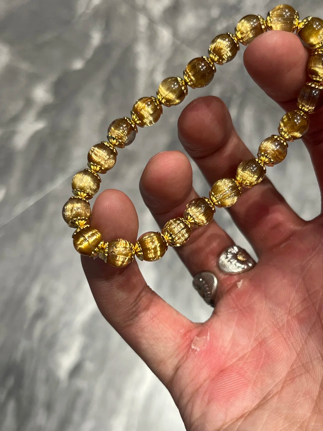 [Smooth-Rutilated Collectible] Natural Rutilated Quartz Bracelet with Gilt Spacer Beads Single-Wrap Bracelet | Light Luxury Fortune-Bringing Curio Decorative Handpiece