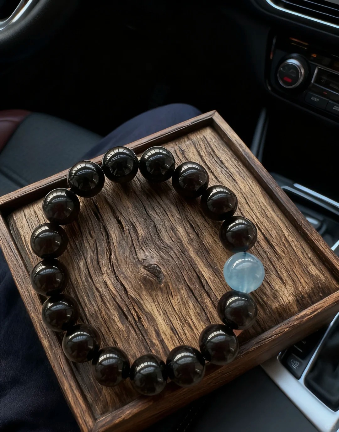 Black Onyx & Aquamarine Bracelet (w/ Leather Cord & Metal Accent)