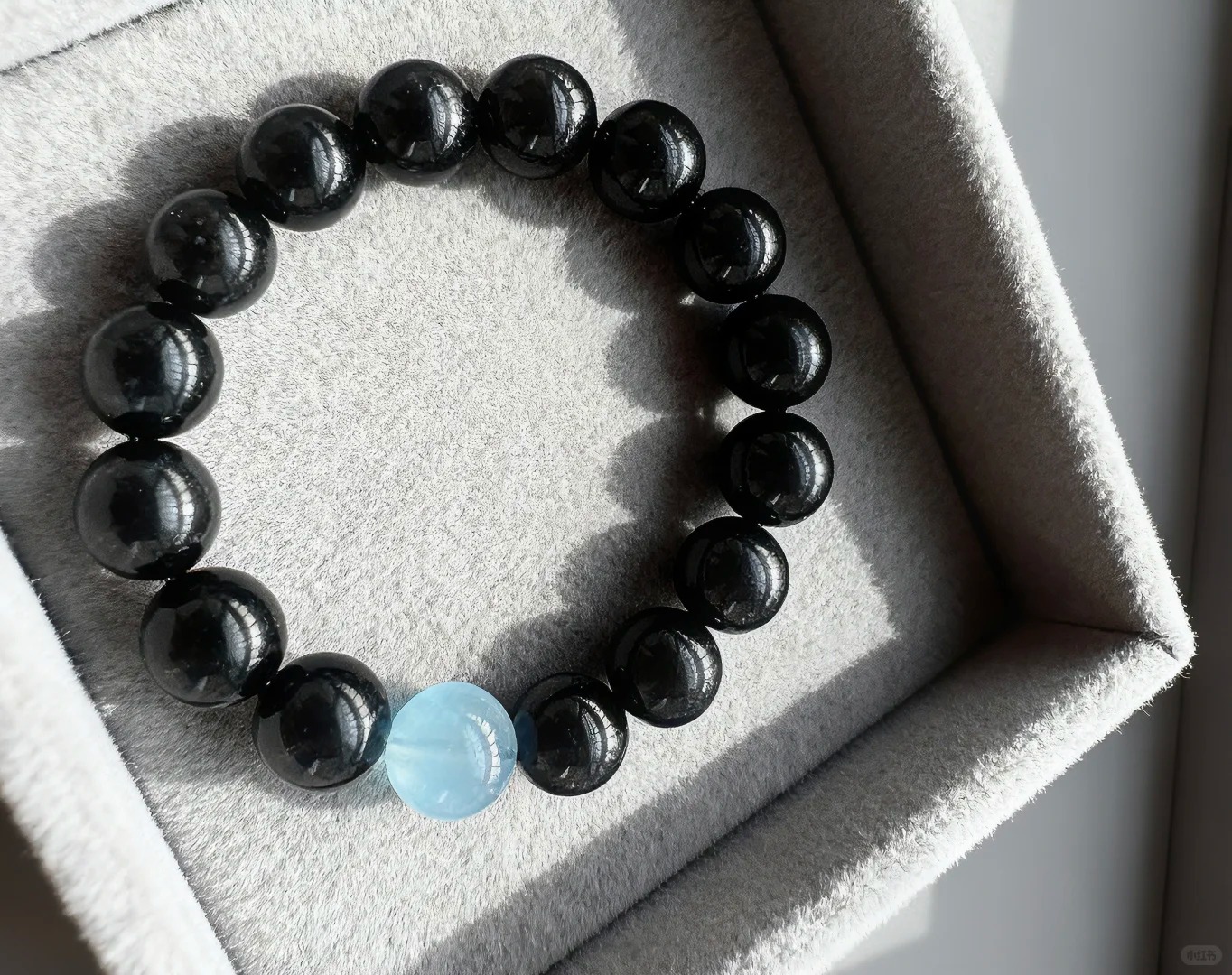 Black Onyx & Aquamarine Bracelet (w/ Leather Cord & Metal Accent)