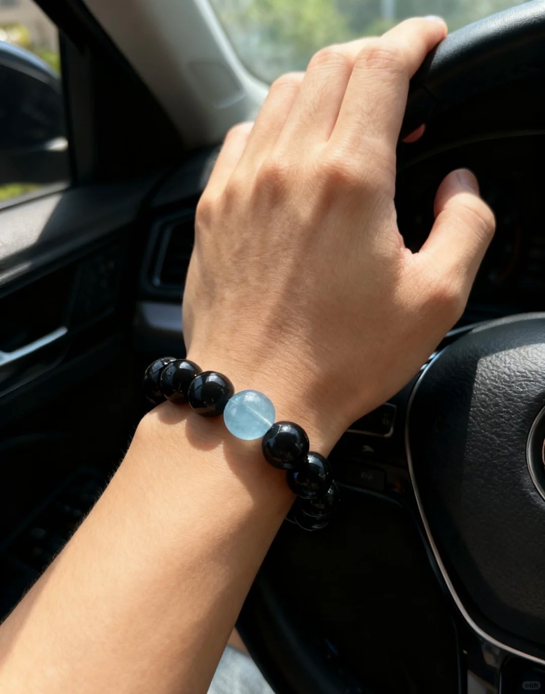 Black Onyx & Aquamarine Bracelet (w/ Leather Cord & Metal Accent)