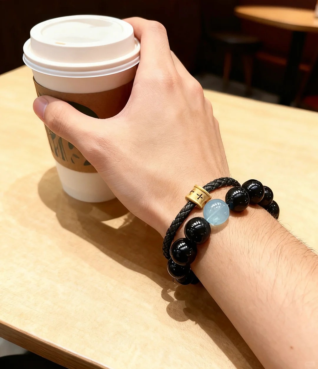 Black Onyx & Aquamarine Bracelet (w/ Leather Cord & Metal Accent)