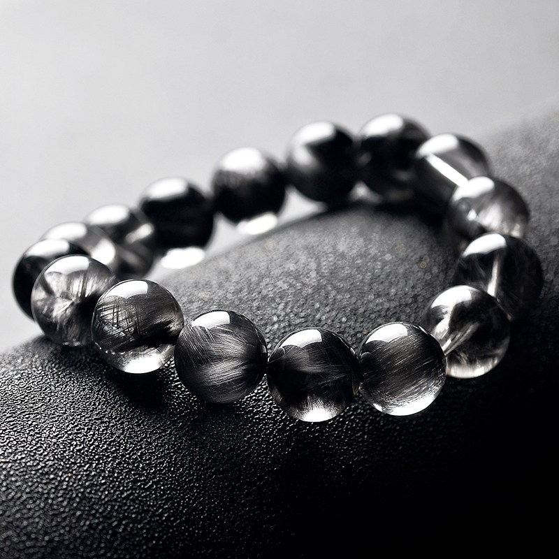 Boutique collection-grade natural black silver rutile crystal bracelet, single-loop black tourmaline cat's eye crystal bracelet for men and women