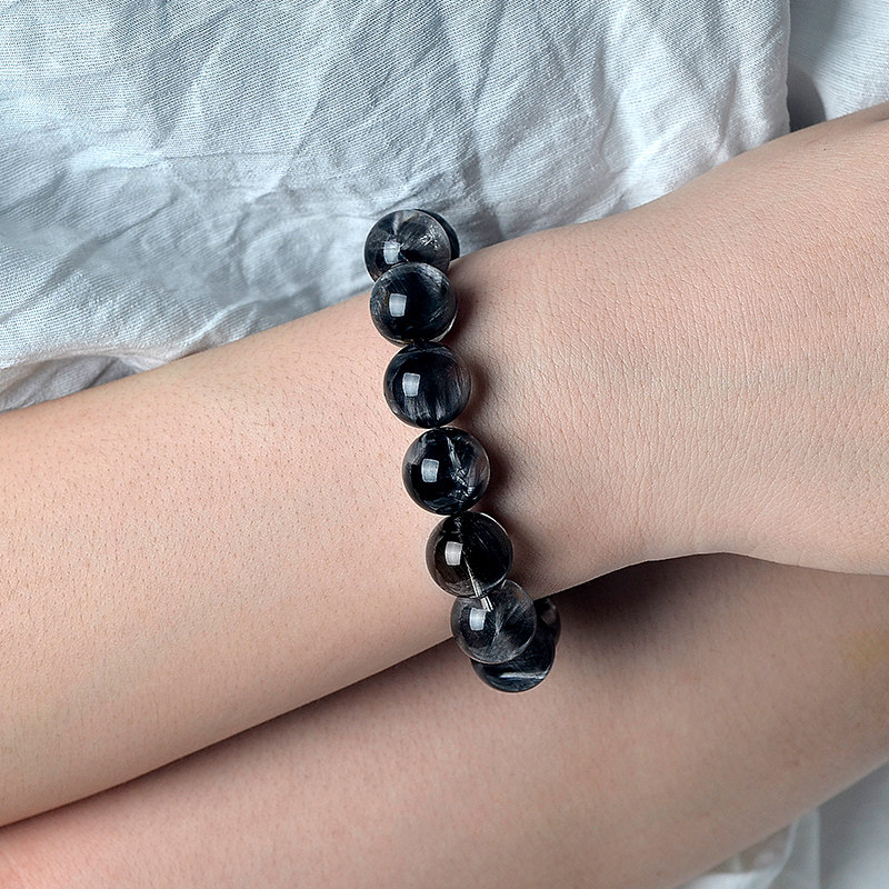 Boutique collection-grade natural black silver rutile crystal bracelet, single-loop black tourmaline cat's eye crystal bracelet for men and women