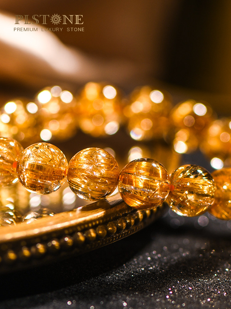 【PLSTONE Luxury Gemstone】Full-Rutilated High-Color Natural Rutilated Quartz Single-Wrap Bracelet | Collectible Dense Gold Silk Crystal Decorative Handpiece