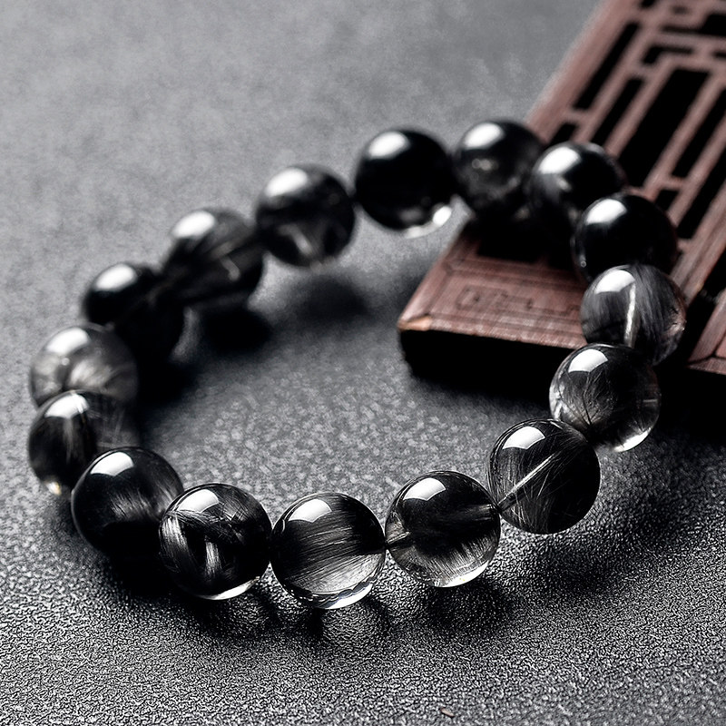 Boutique collection-grade natural black silver rutile crystal bracelet, single-loop black tourmaline cat's eye crystal bracelet for men and women