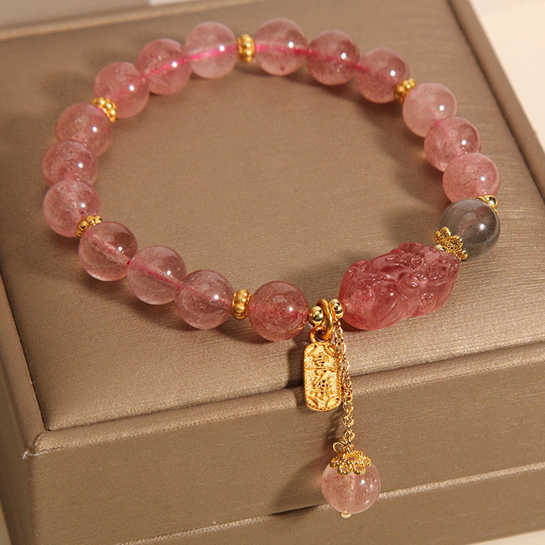 Natural rose quartz bracelet for women, attracting peach blossoms; strawberry quartz pixiu, gray moonstone, attracting popularity; pink crystal bracelet as a gift