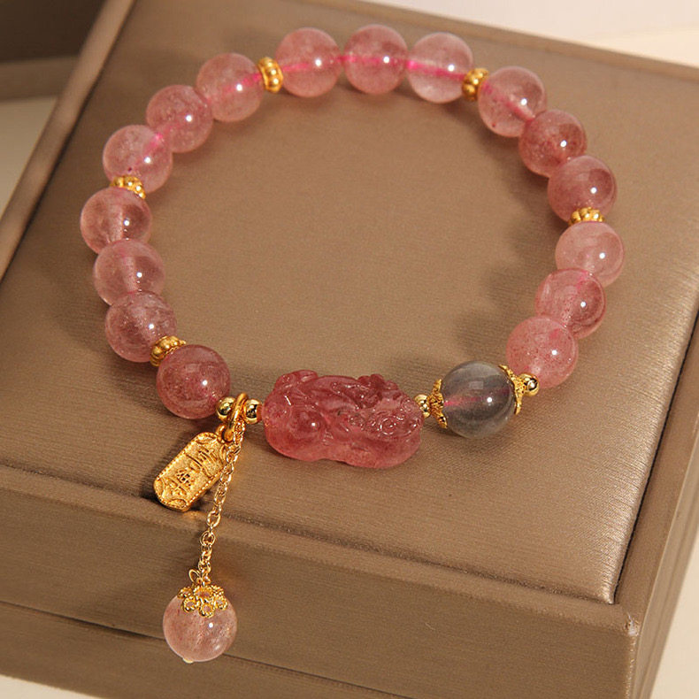 Natural rose quartz bracelet for women, attracting peach blossoms; strawberry quartz pixiu, gray moonstone, attracting popularity; pink crystal bracelet as a gift