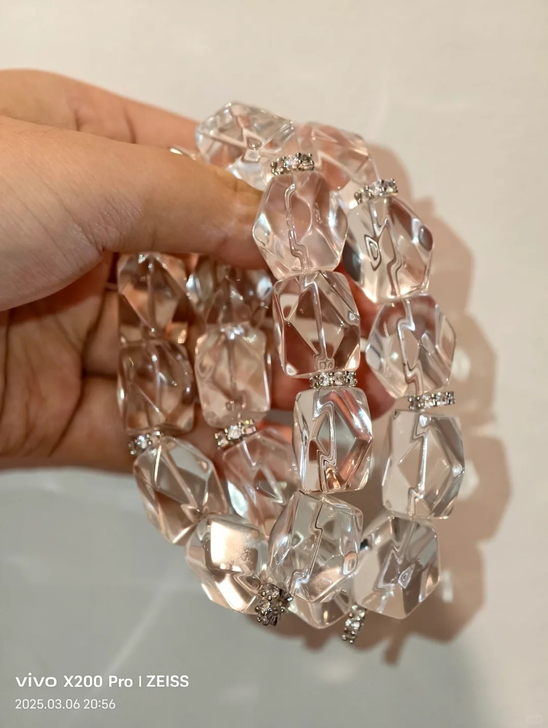 High-Transparency Faceted Clear Quartz Bracelet with Silver Diamond Accents