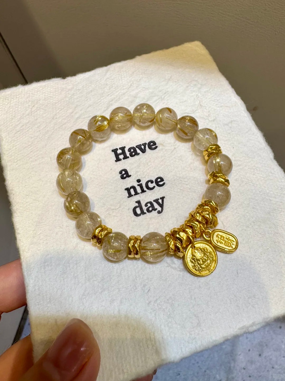 [Natural Rutilated Quartz Bracelet] with Solid Gold Fortune God Pendant | Light Luxury Auspicious Decorative Bracelet