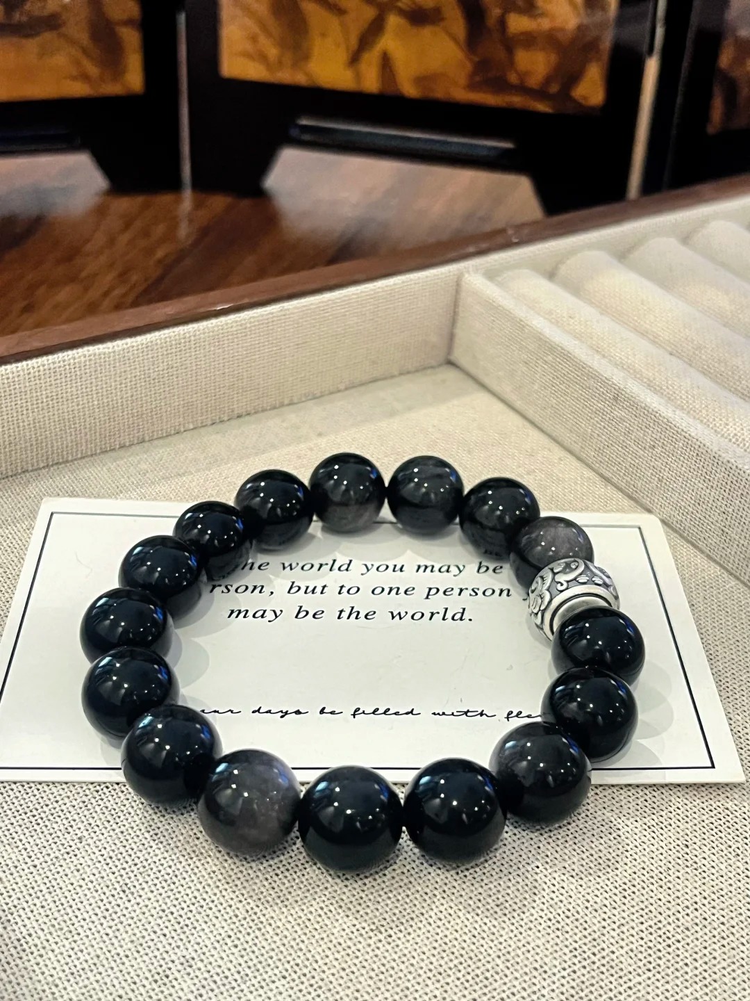 Gold Obsidian & Onyx Bracelet with Silver Carved Bead