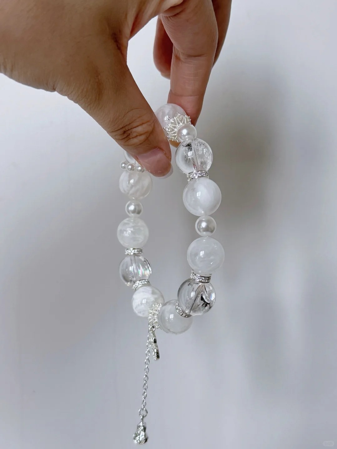 Clear Quartz & Pearl Bracelet with Silver Diamond Accents & Pendant