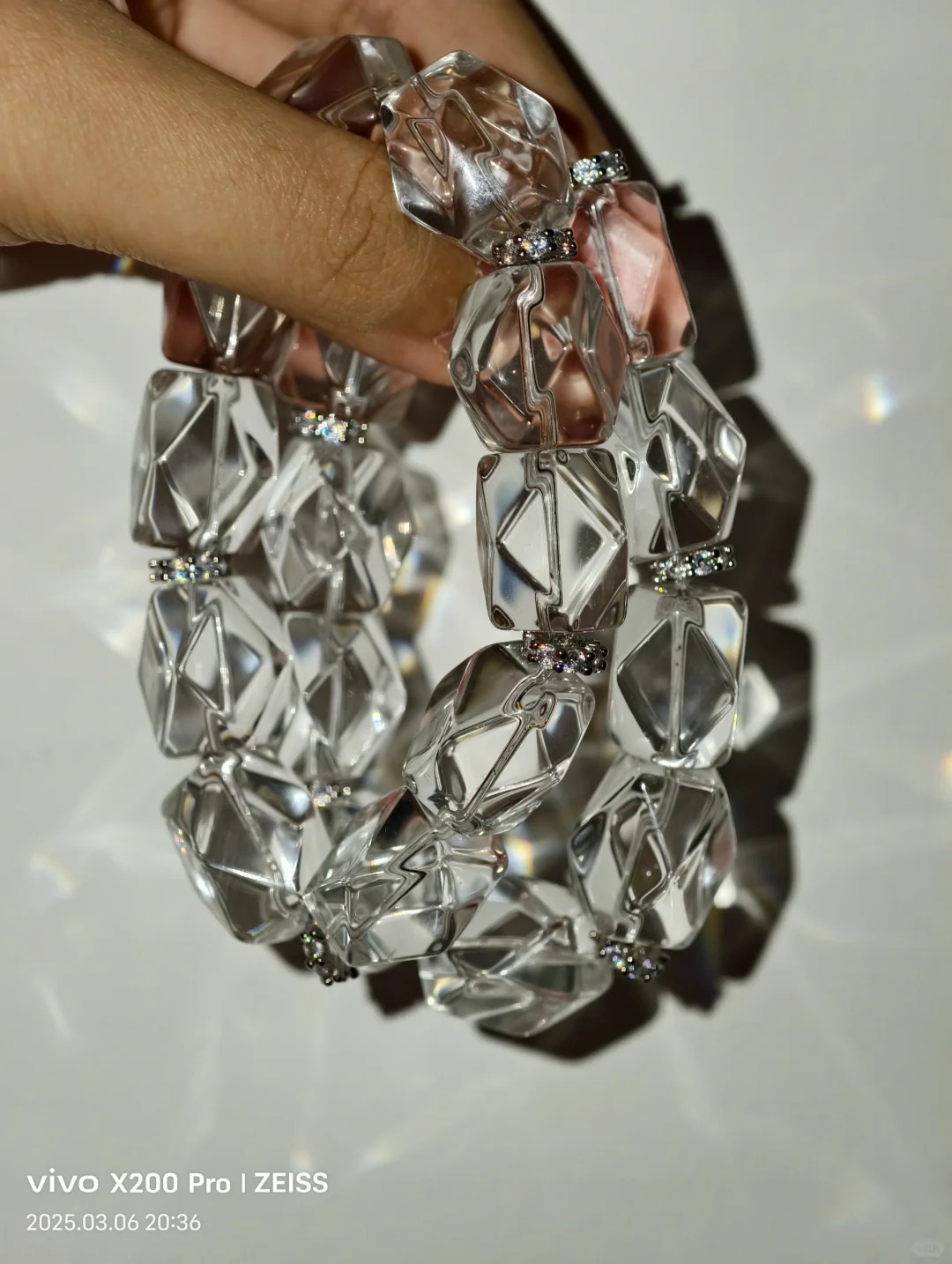 High-Transparency Faceted Clear Quartz Bracelet with Silver Diamond Accents