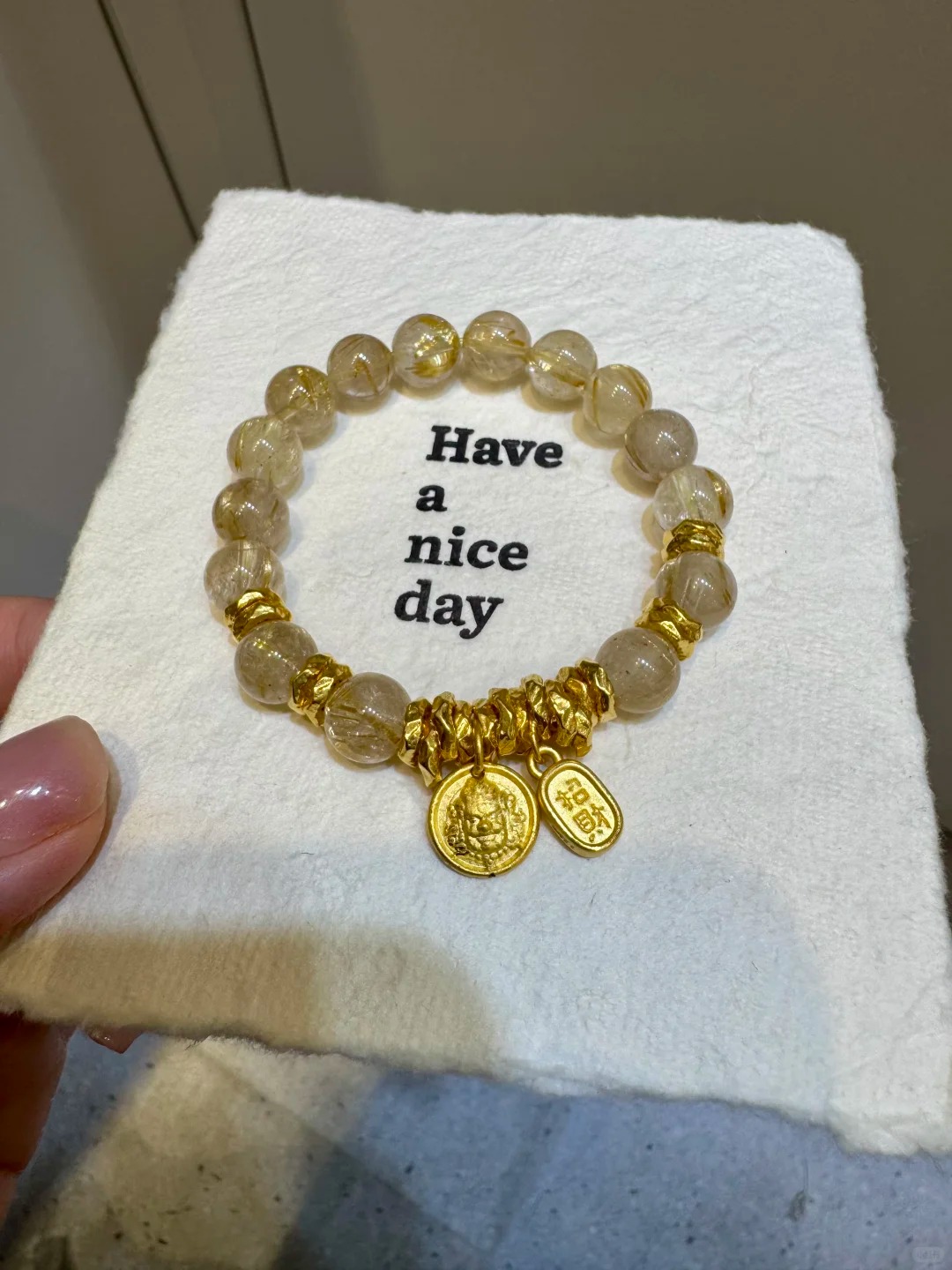 [Natural Rutilated Quartz Bracelet] with Solid Gold Fortune God Pendant | Light Luxury Auspicious Decorative Bracelet