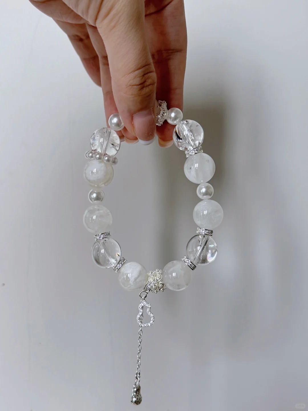 Clear Quartz & Pearl Bracelet with Silver Diamond Accents & Pendant