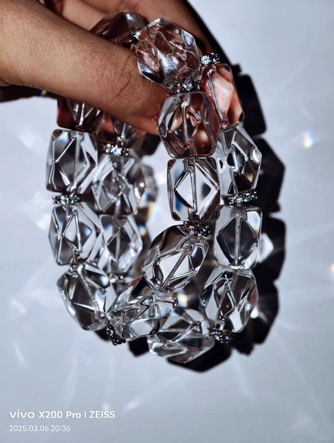 High-Transparency Faceted Clear Quartz Bracelet with Silver Diamond Accents