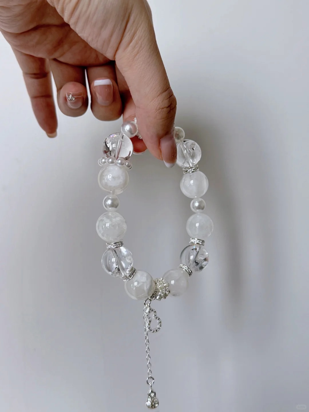 Clear Quartz & Pearl Bracelet with Silver Diamond Accents & Pendant