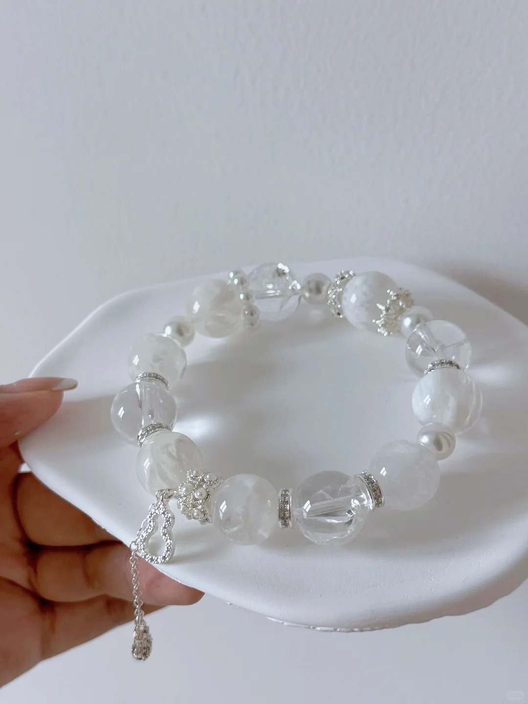 Clear Quartz & Pearl Bracelet with Silver Diamond Accents & Pendant