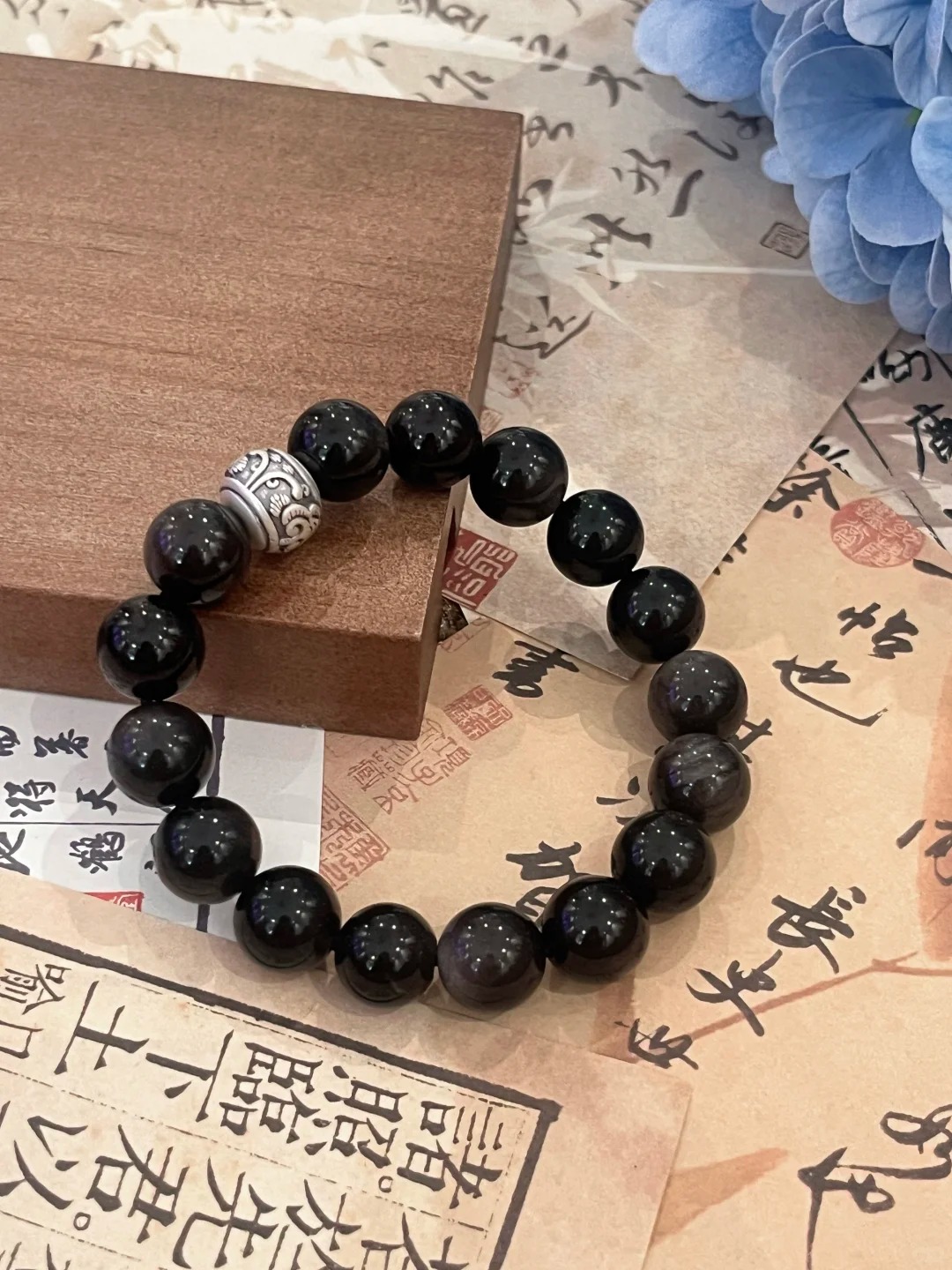 Gold Obsidian & Onyx Bracelet with Silver Carved Bead