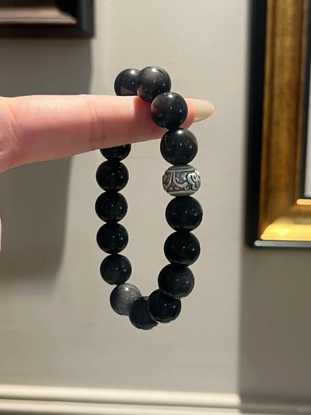 Gold Obsidian & Onyx Bracelet with Silver Carved Bead