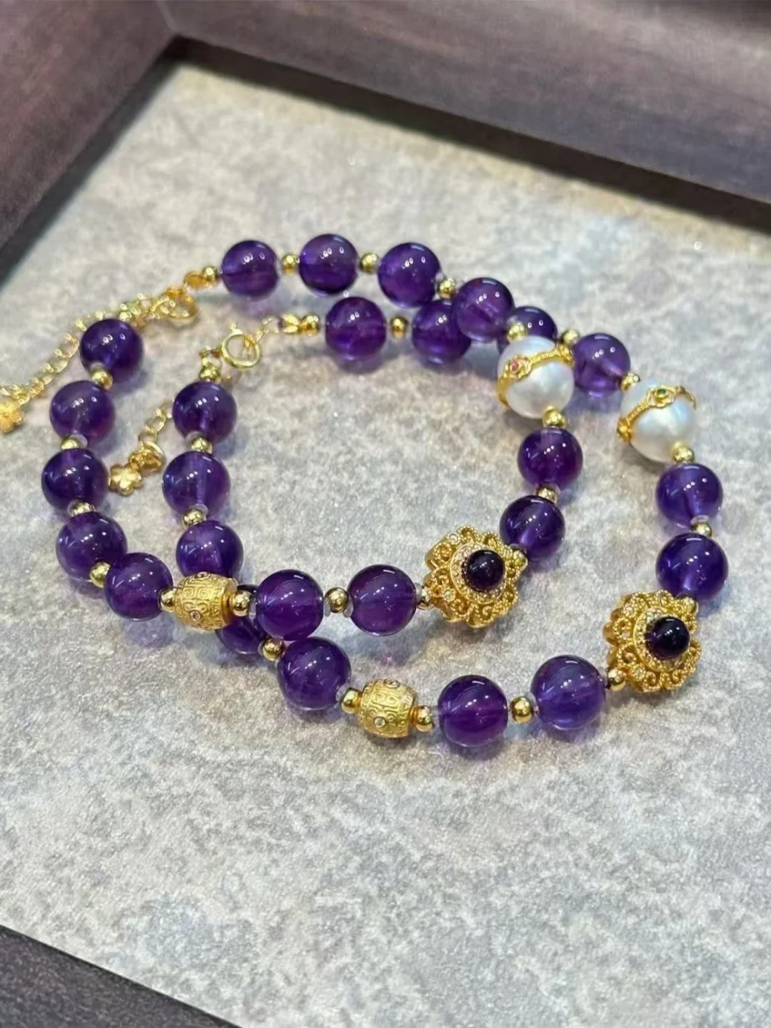 Amethyst & Pearl Necklace with Gilded Ornaments