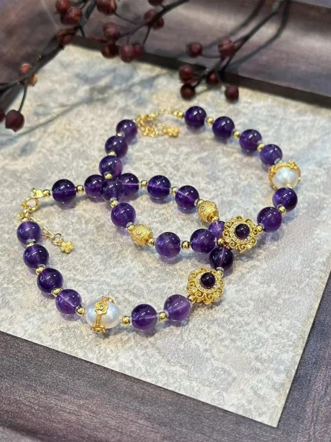 Amethyst & Pearl Necklace with Gilded Ornaments