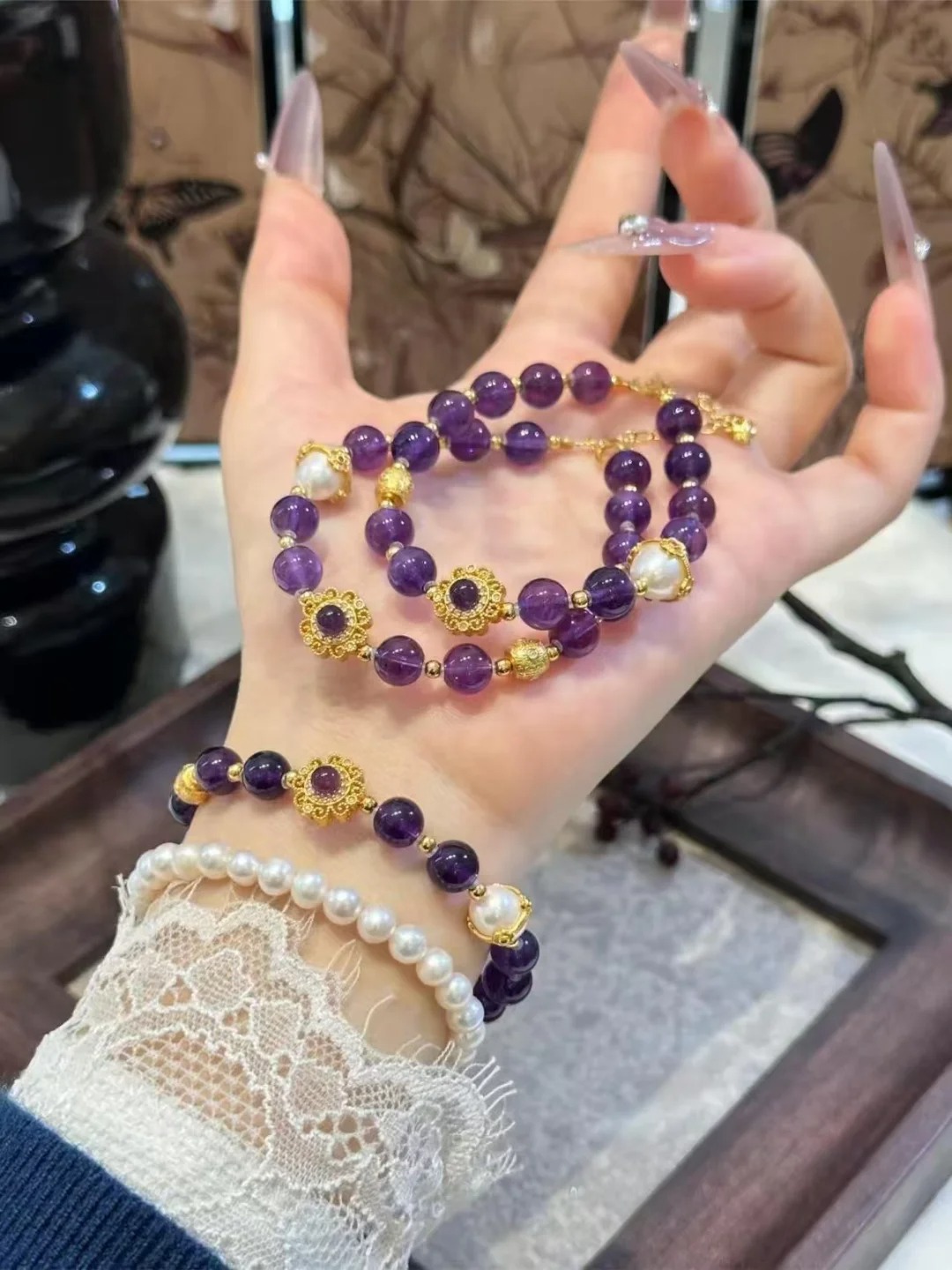 Amethyst & Pearl Necklace with Gilded Ornaments